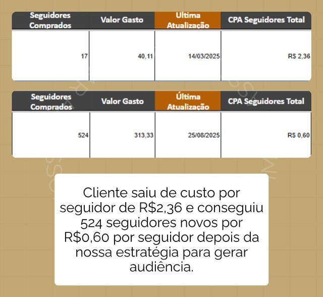 Print do gerenciador de anúncios mostrando 524 seguidores conquistados a R$0,60 cada